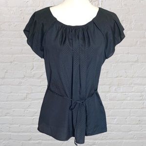 BLACK POLKA DOT SHORT SLEEVE TIE WAIST BLOUSE TOP